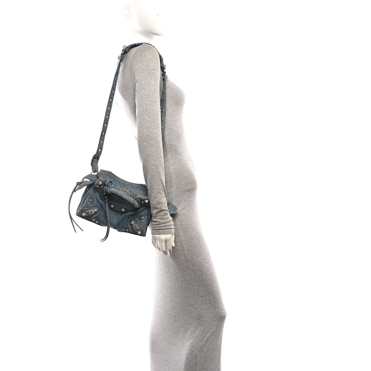 Washed Frayed Denim Crystal Neo Cagole Handbag XS Blue