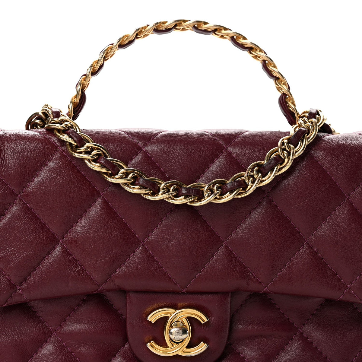 Shiny Lambskin Quilted Golden Links Top Handle Flap Dark Purple