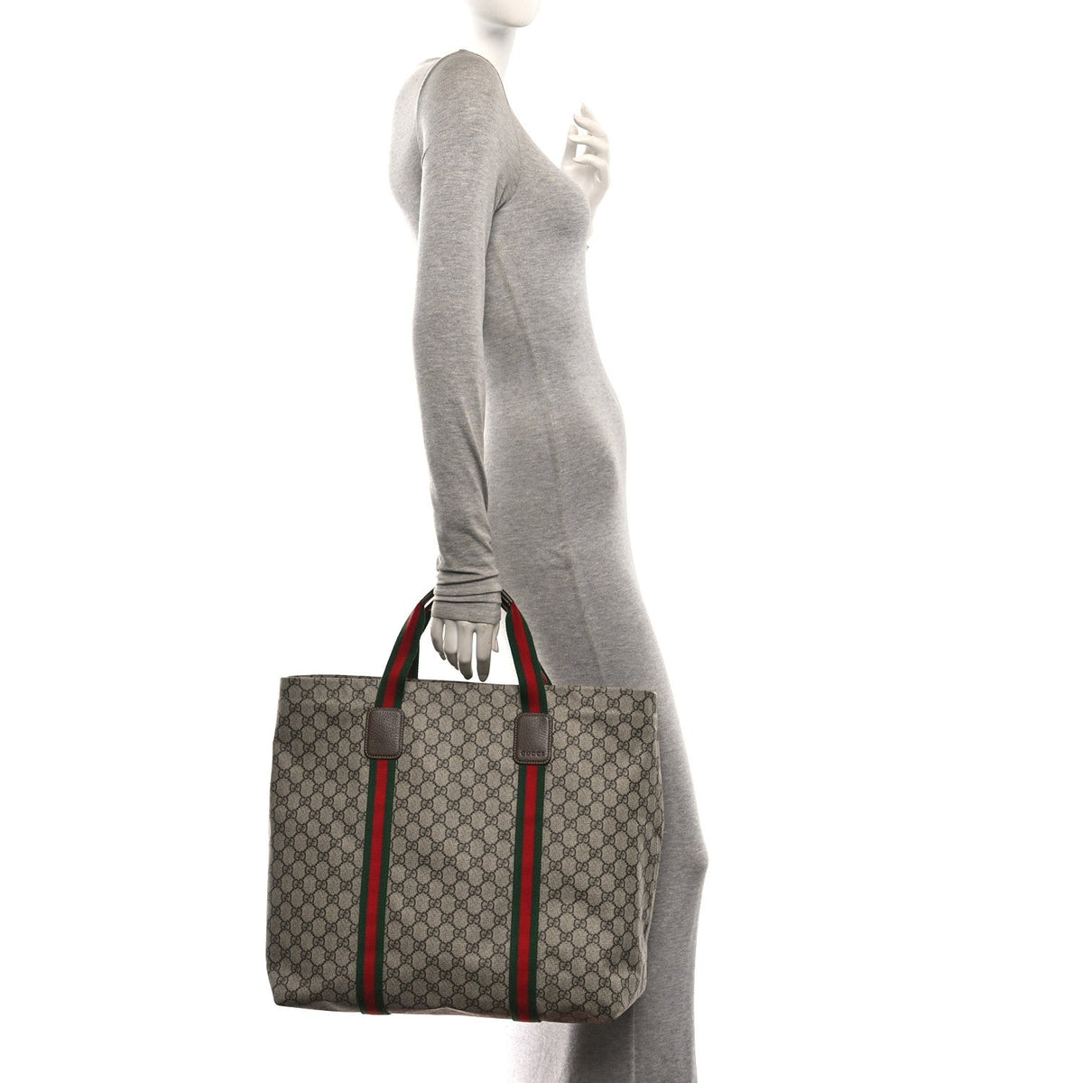 Tender GG Supreme Monogram Textured Dollar Calfskin Web Tote Beige Ebony New Acero