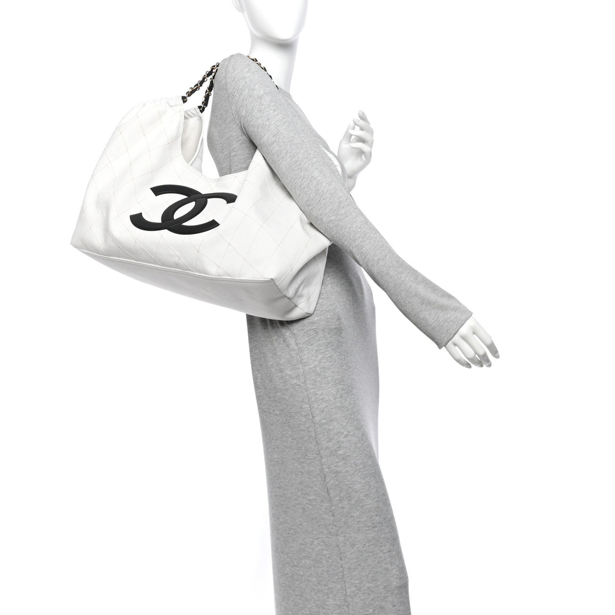 Denim Calfskin Quilted Coco Beach Small Shopping Tote White Black