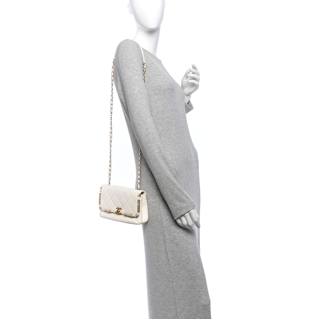 Lambskin Enamel Strass Quilted Mini Paris Monaco Flap White
