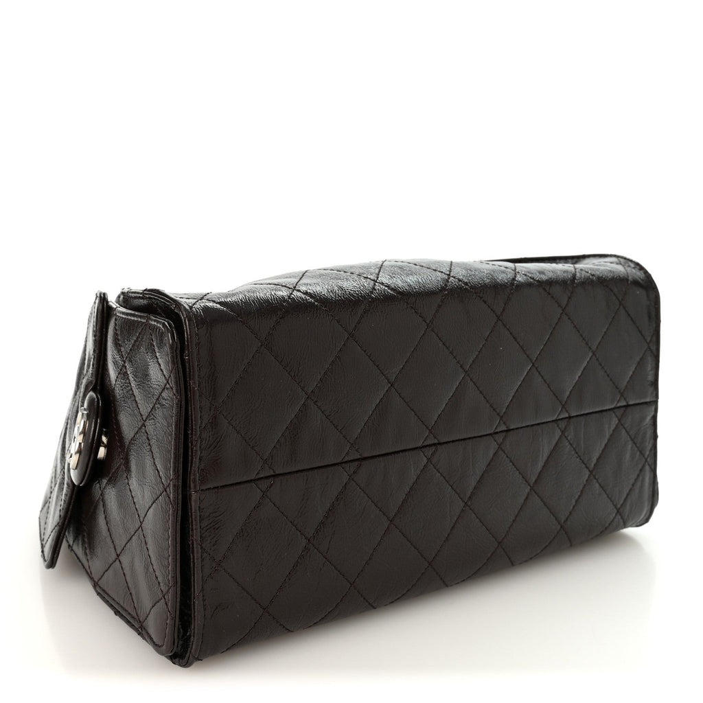 Shiny Crumpled Calfskin Quilted Small Chanel 25 Handbag Dark Brown