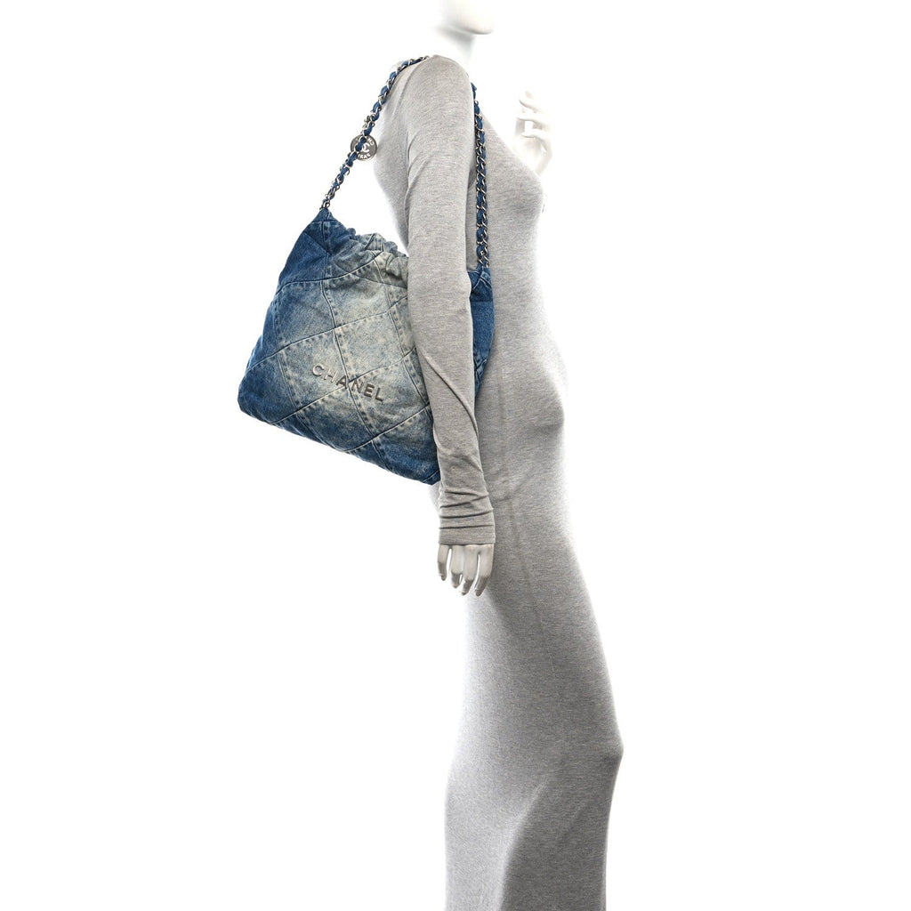 Denim Quilted Small Chanel 22 Blue
