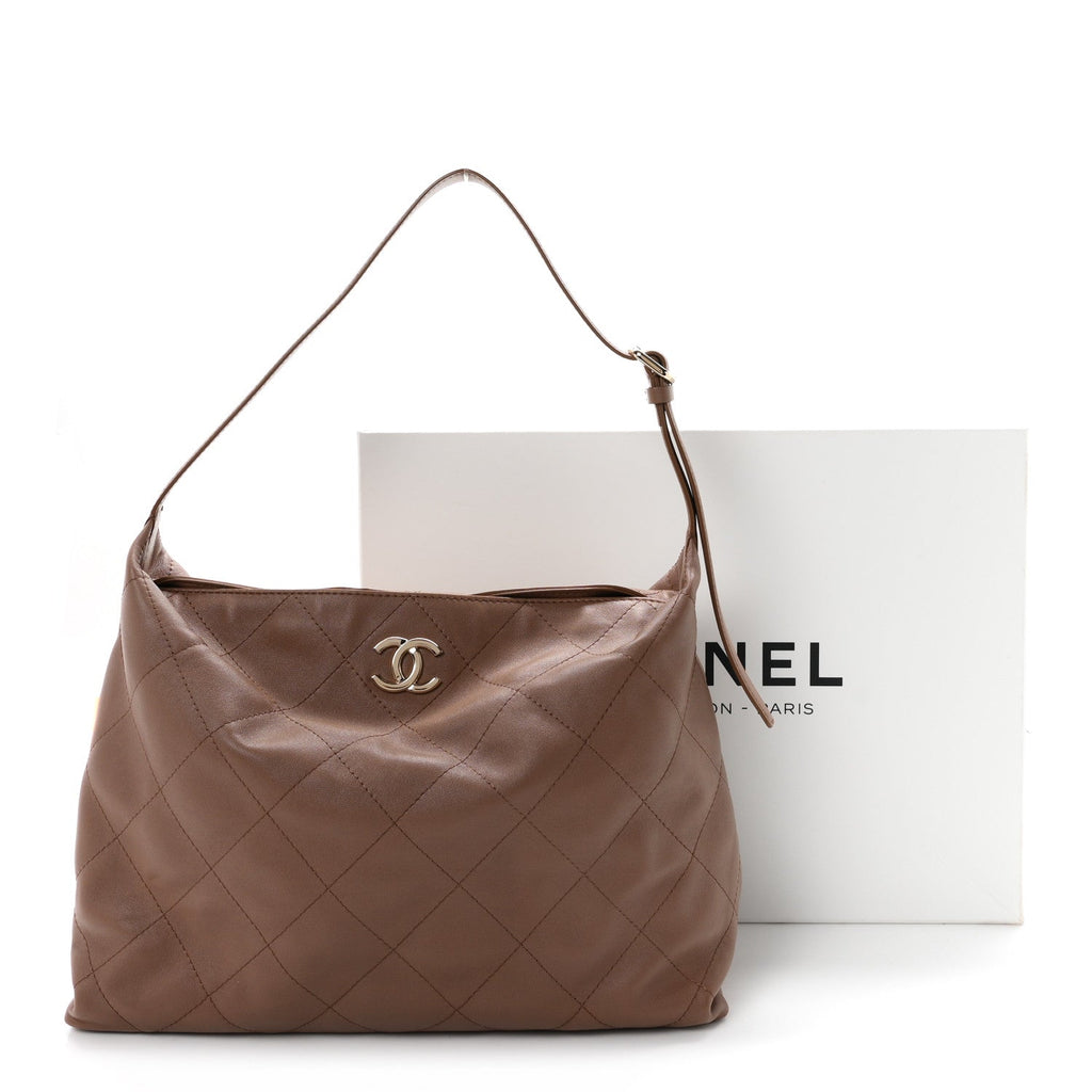 Shiny Lambskin Quilted Maxi Hobo Brown
