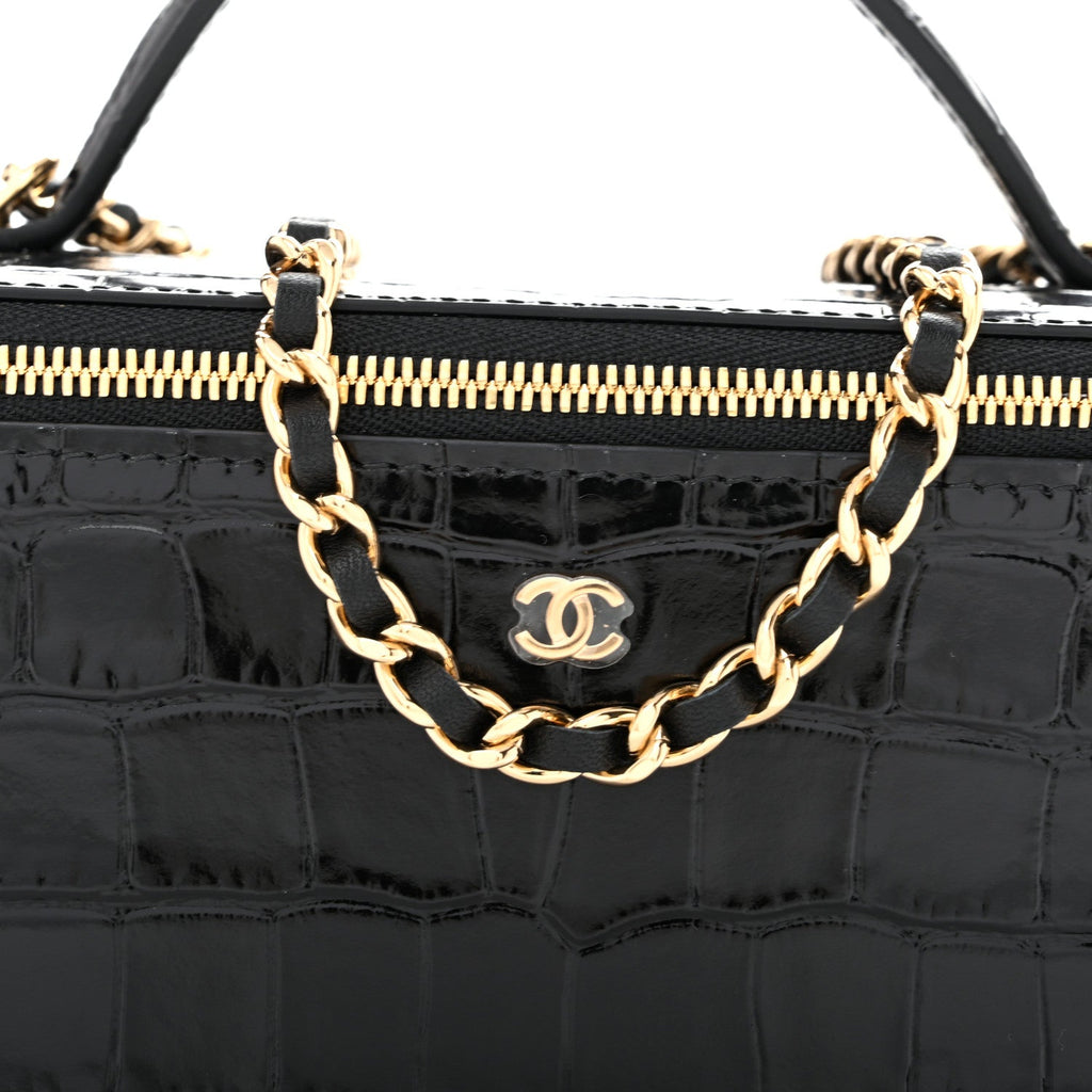 Calfskin Crocodile Embossed Crococo Small Top Handle Vanity Case With Chain Black