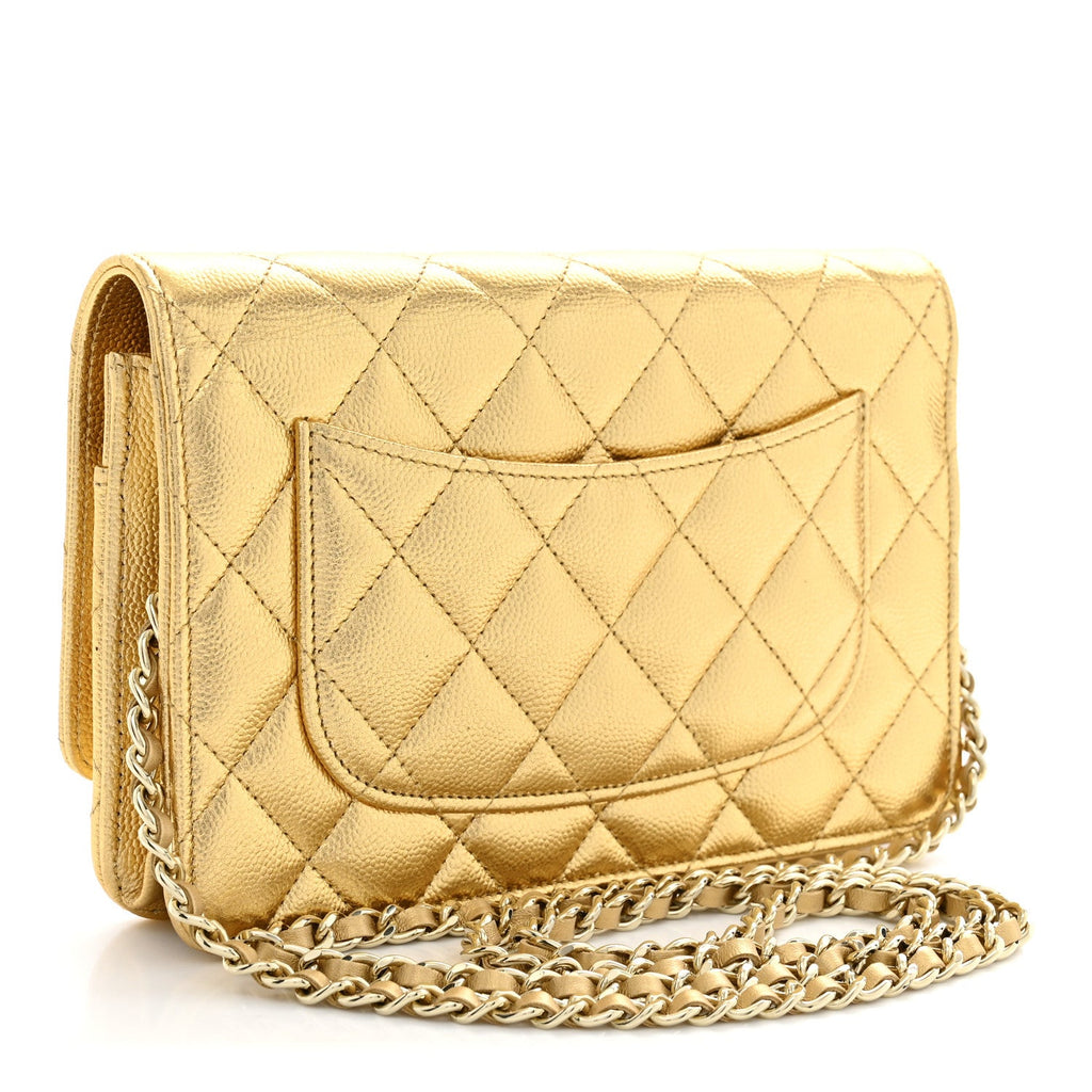 Metallic Caviar Quilted CC Turnlock Wallet On Chain WOC Gold