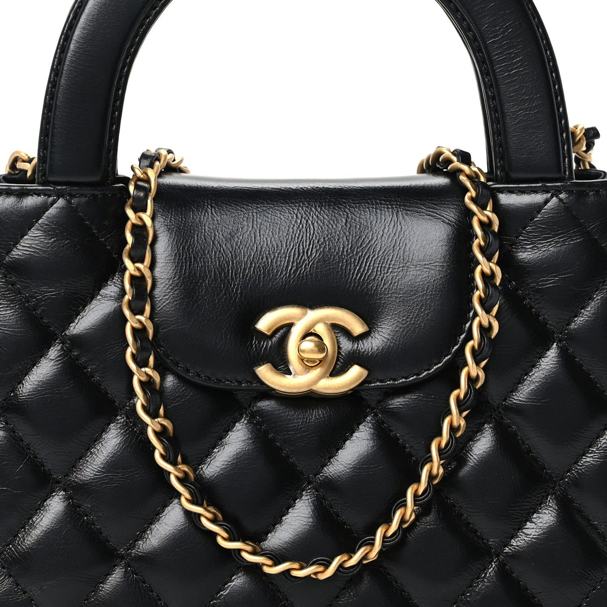 Shiny Aged Calfskin Quilted Nano Kelly Shopper Black