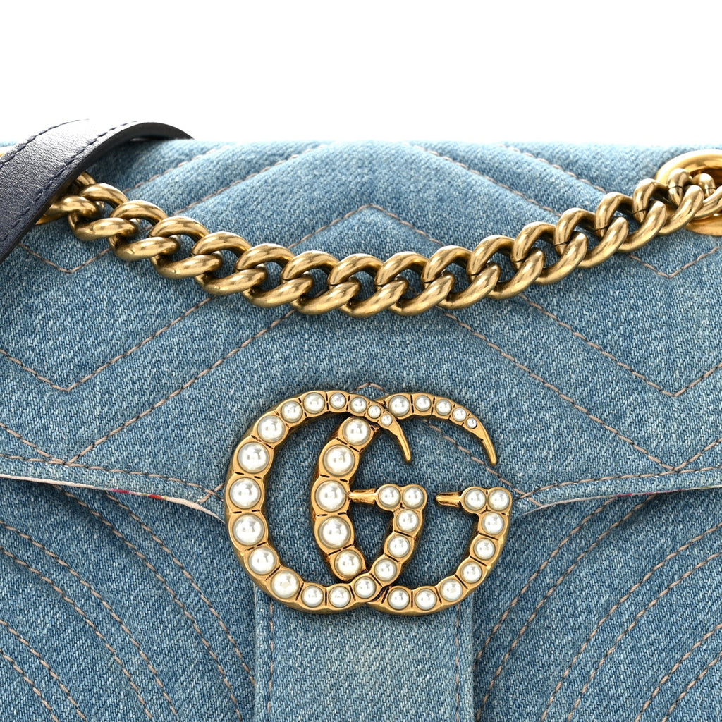 Denim Matelasse Mini Pearly GG Marmont Shoulder Bag Blue
