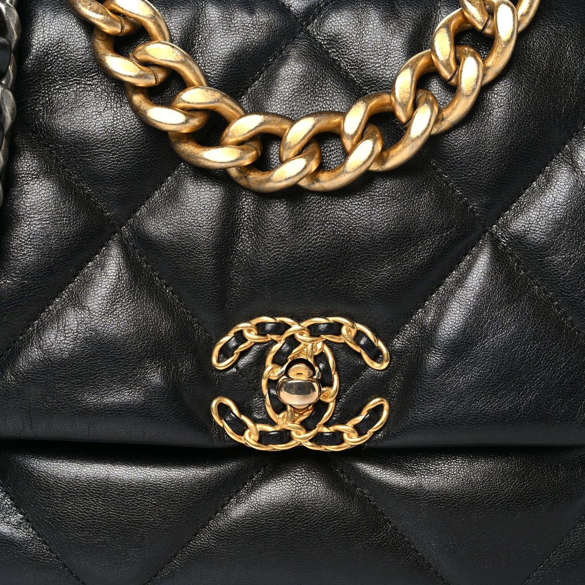 Shiny Goatskin Quilted Large Chanel 19 Flap Black