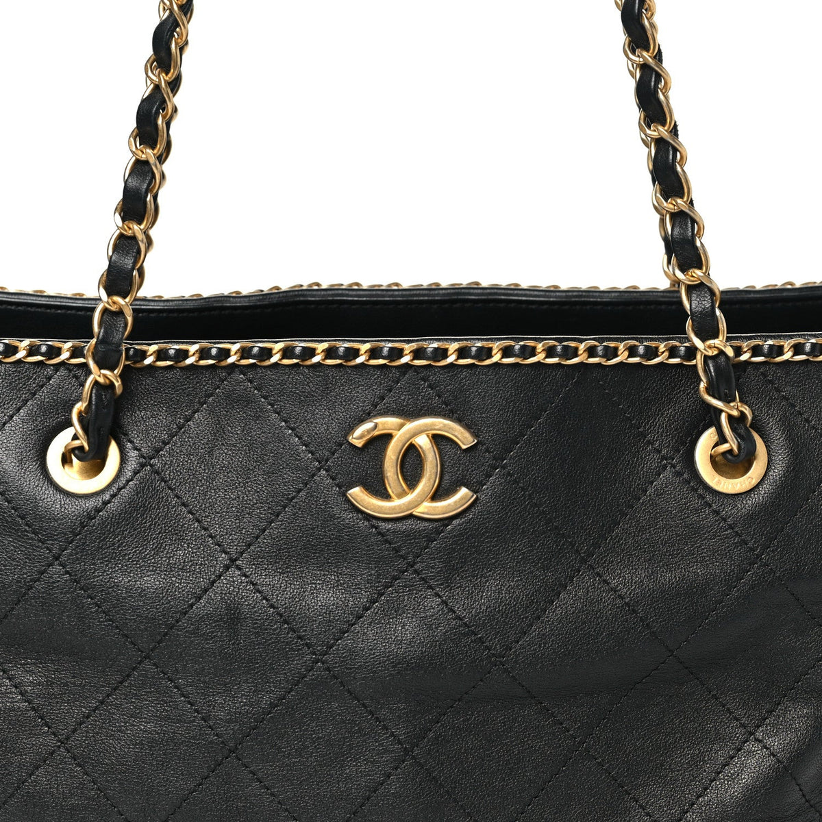 Calfskin Quilted Chain Lines Shopping Tote Black
