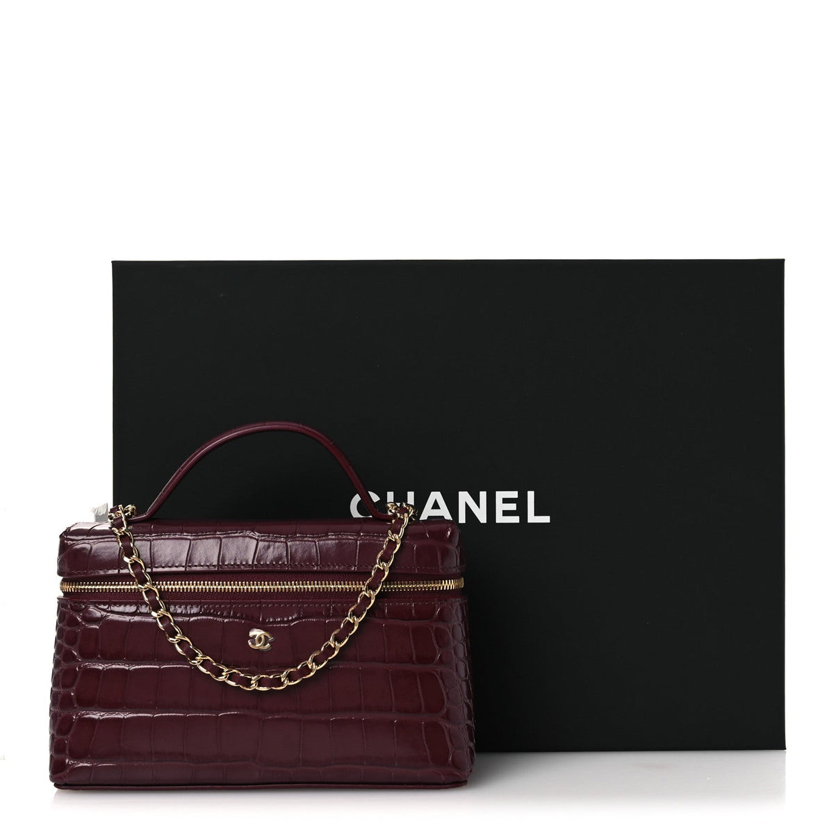 Calfskin Crocodile Embossed Crococo Exoticoco Vanity With Chain Dark Burgundy