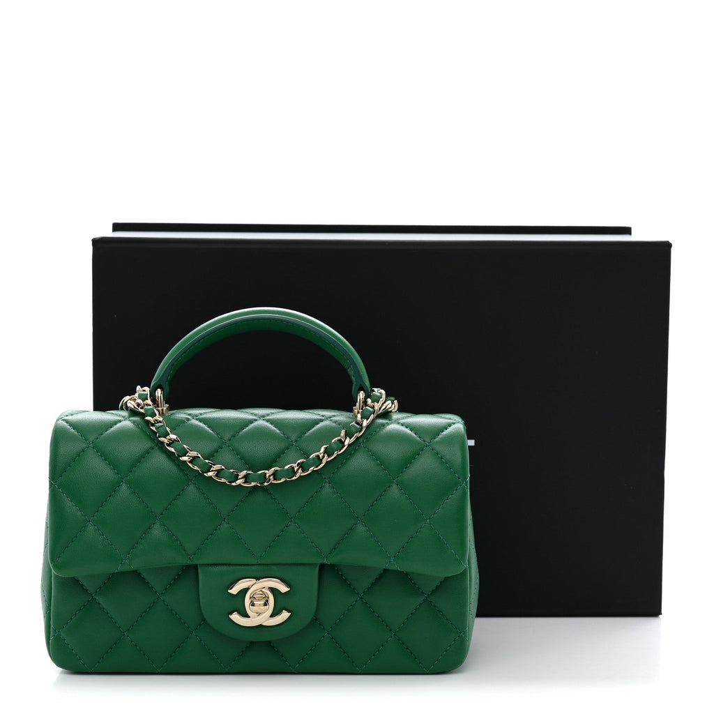Lambskin Quilted Mini Top Handle Rectangular Flap Green