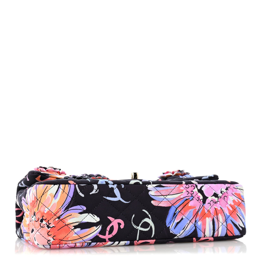 Printed Fabric Quilted Camellia Flap Black Multicolor