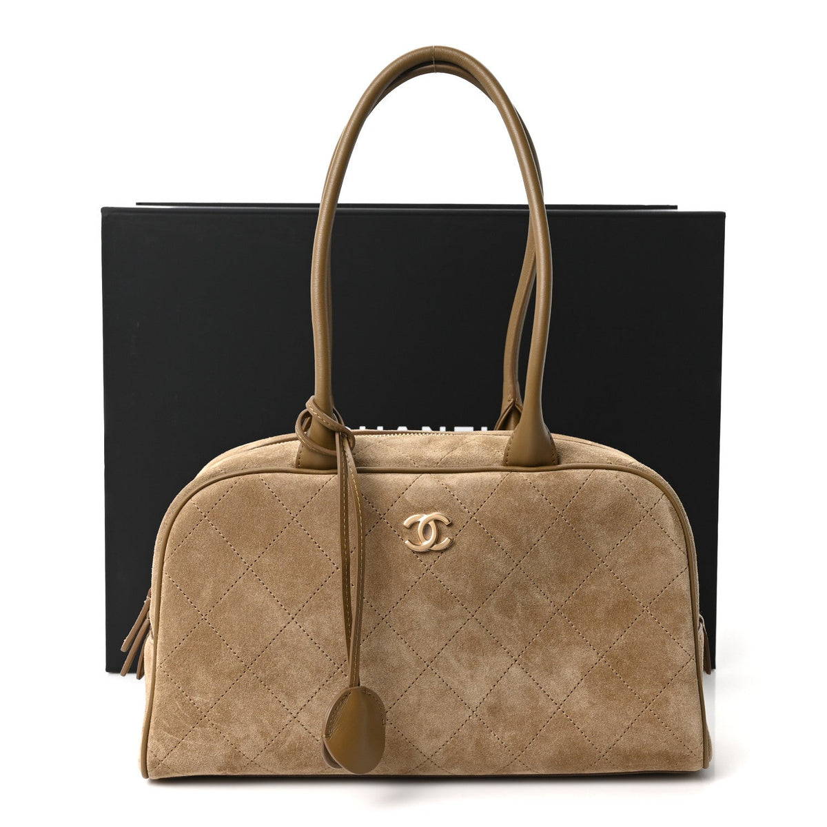 Suede Calfskin Perfect Bowling Bag Dark Beige