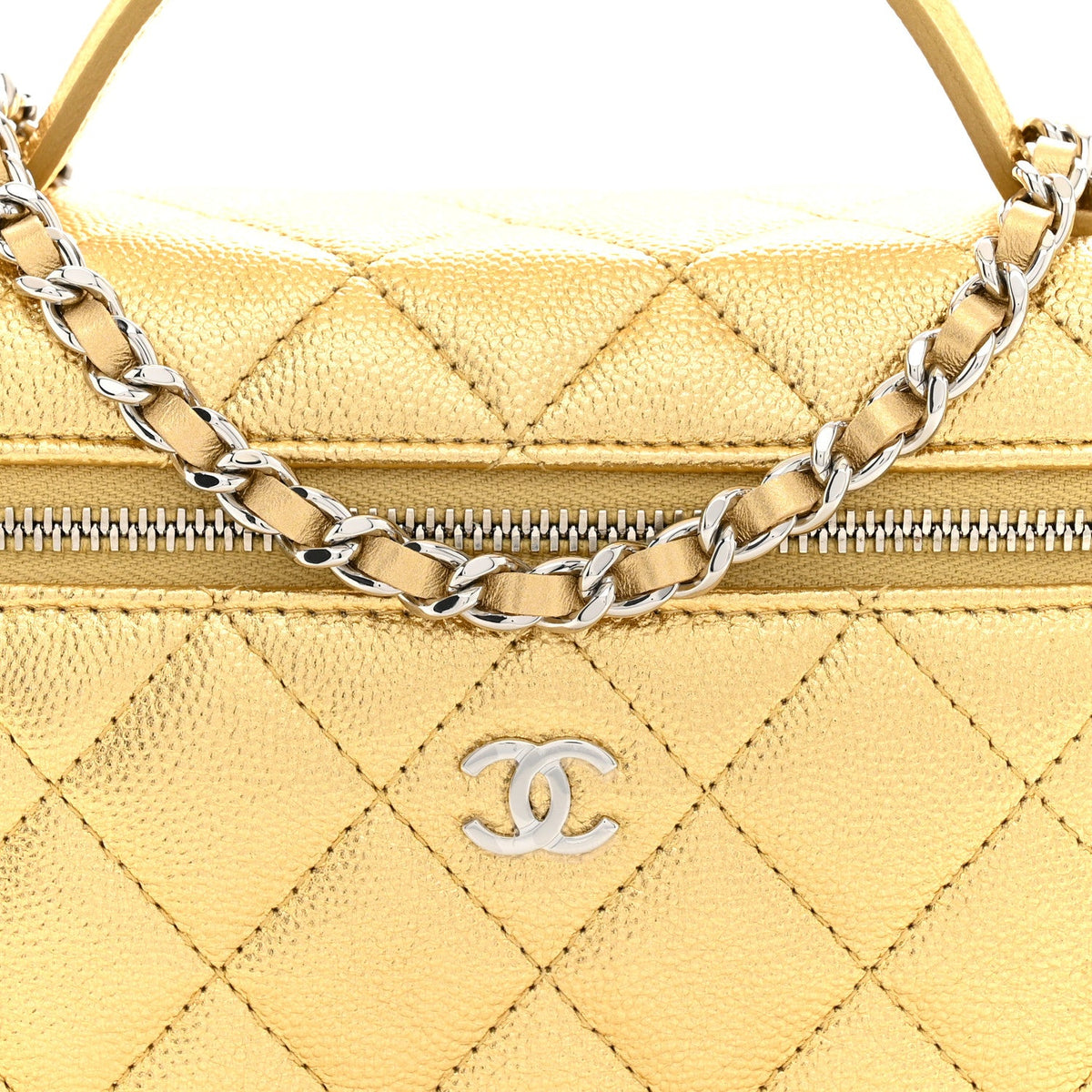 Metallic Caviar Quilted Top Handle Slim Vanity With Chain Gold
