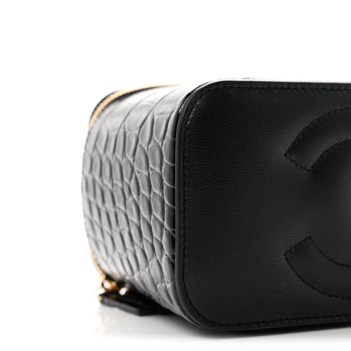 Calfskin Crocodile Embossed Crococo Small Top Handle Vanity Case With Chain Black