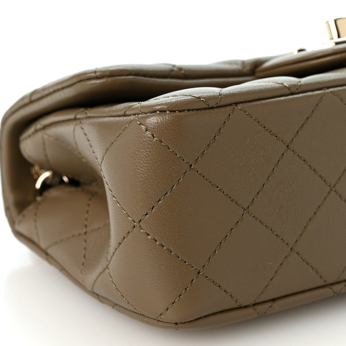 Lambskin Quilted Mini Rectangular CC Slide Flap Dark Khaki
