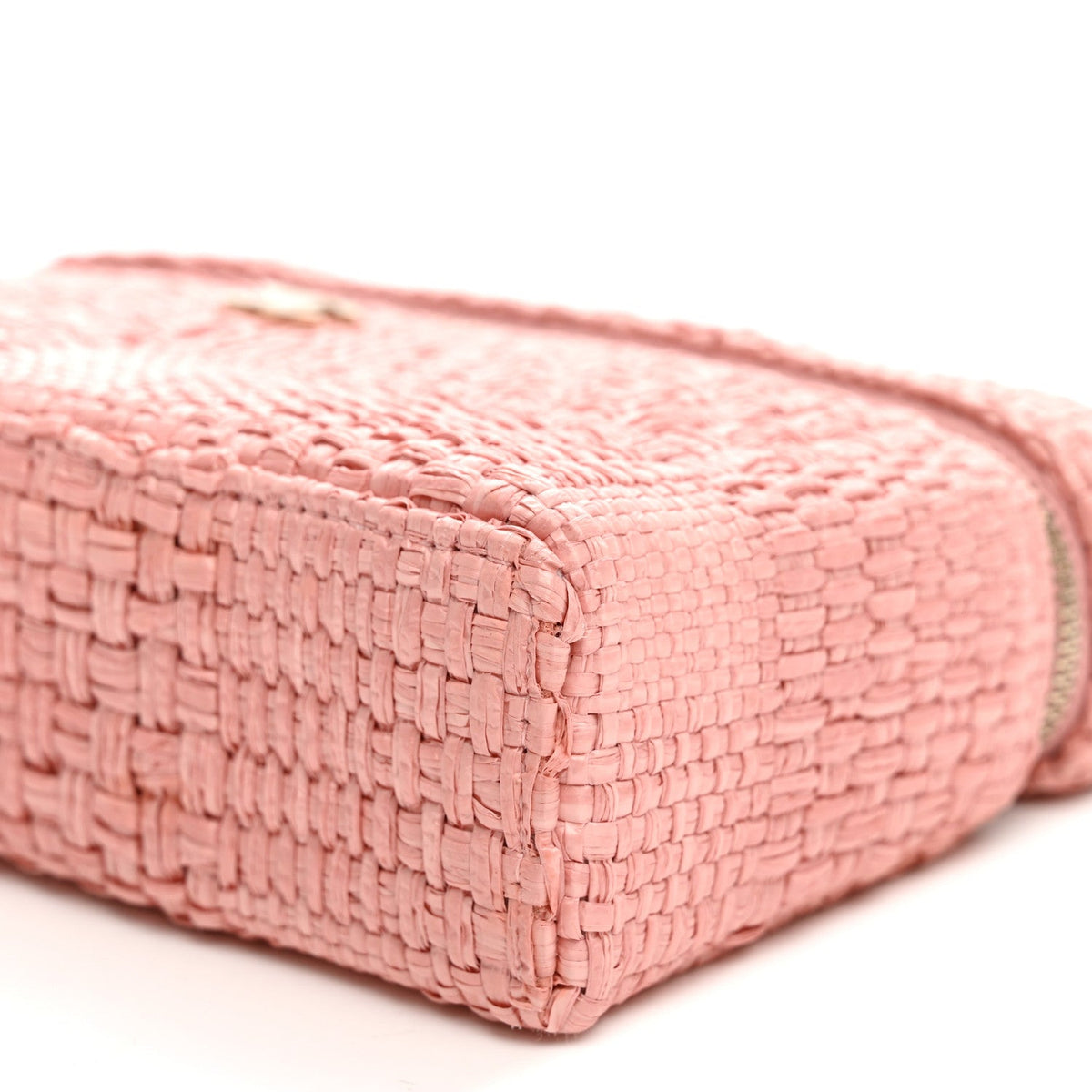 Braided Raffia Quilted Top Handle Slim Vanity Case With Chain Light Pink