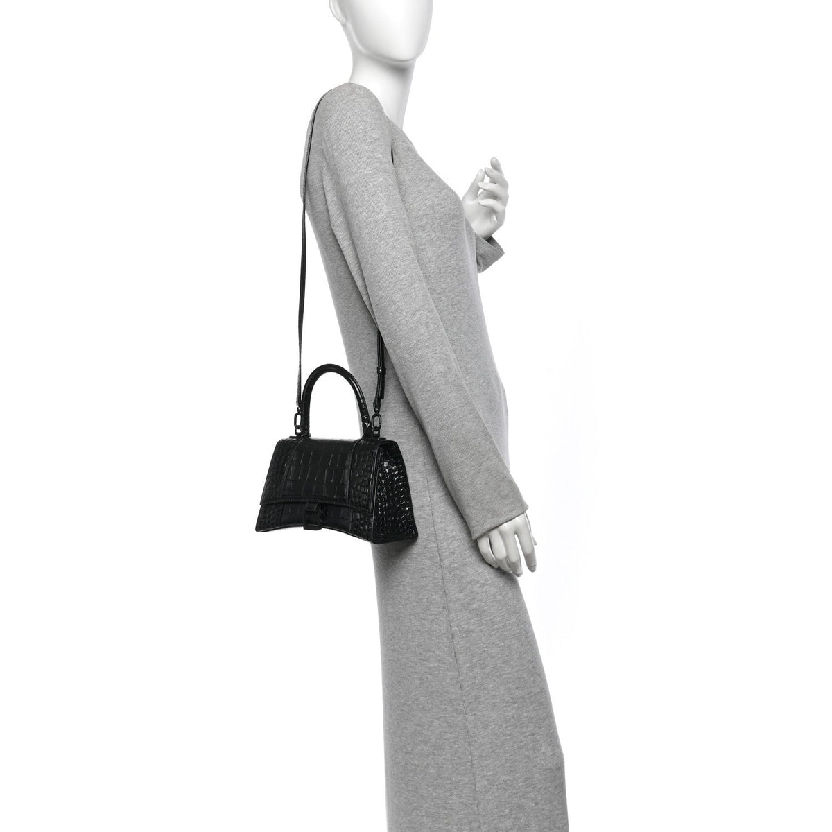 Shiny Calfskin Monochrome Crocodile Embossed Small Hourglass Top Handle Bag Black