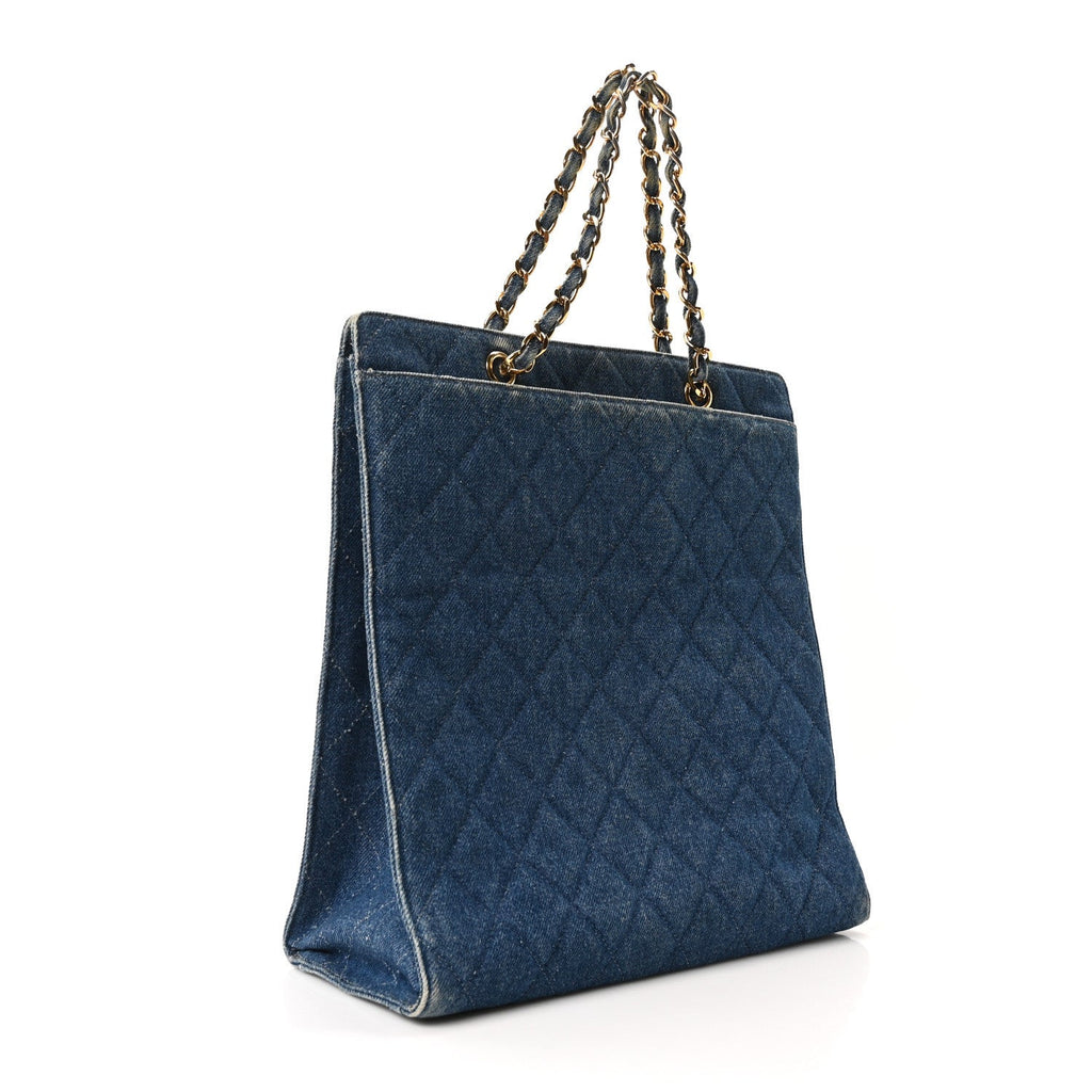 Denim Quilted CC Chain Tote Blue