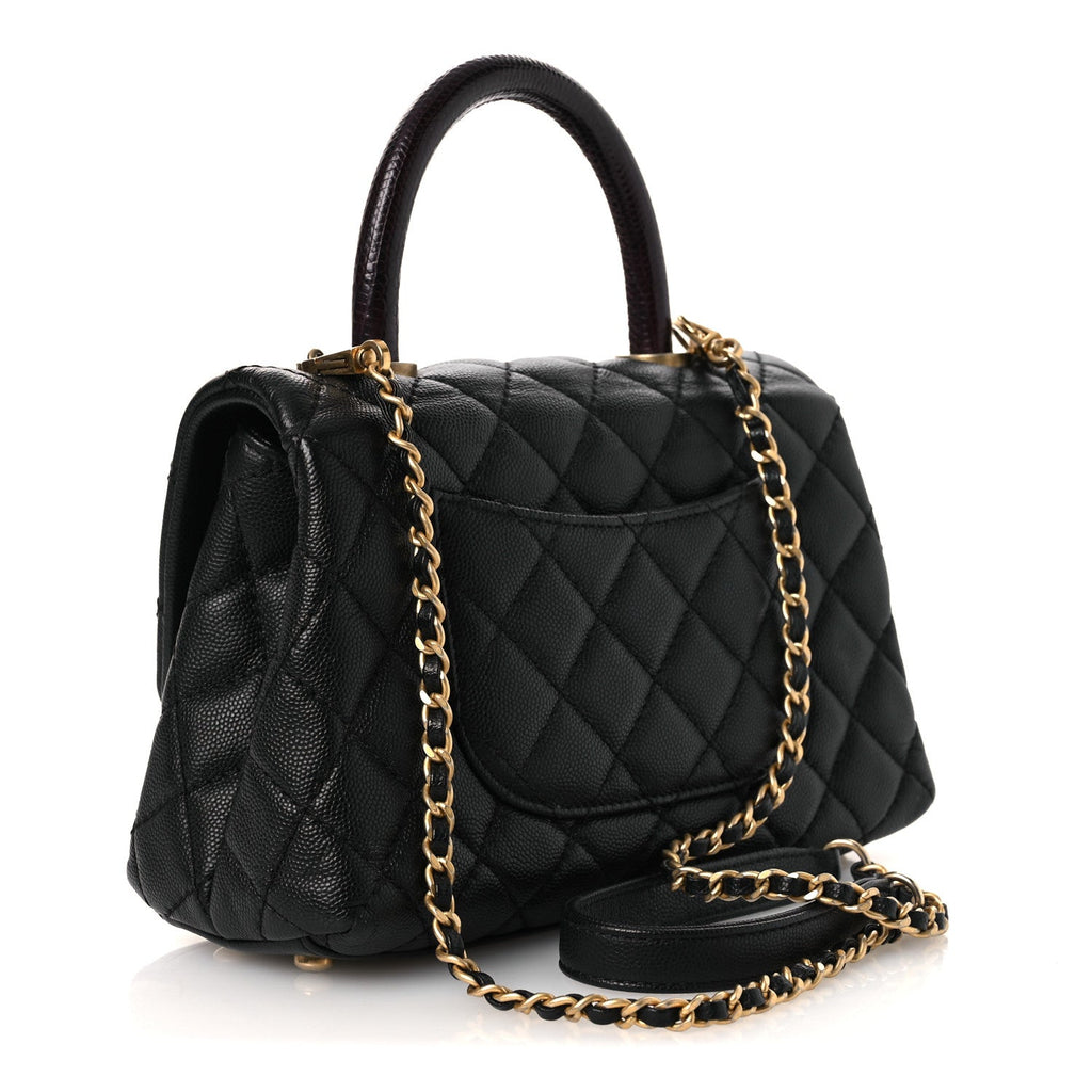 Caviar Lizard Embossed Quilted Mini Coco Handle Flap Black