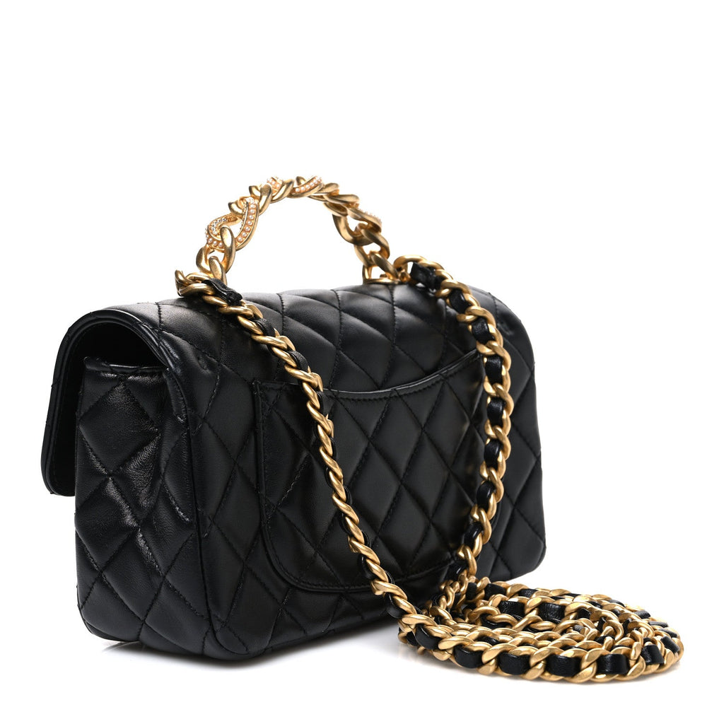 Lambskin Quilted Mini Chain Top Handle Rectangular Flap Black