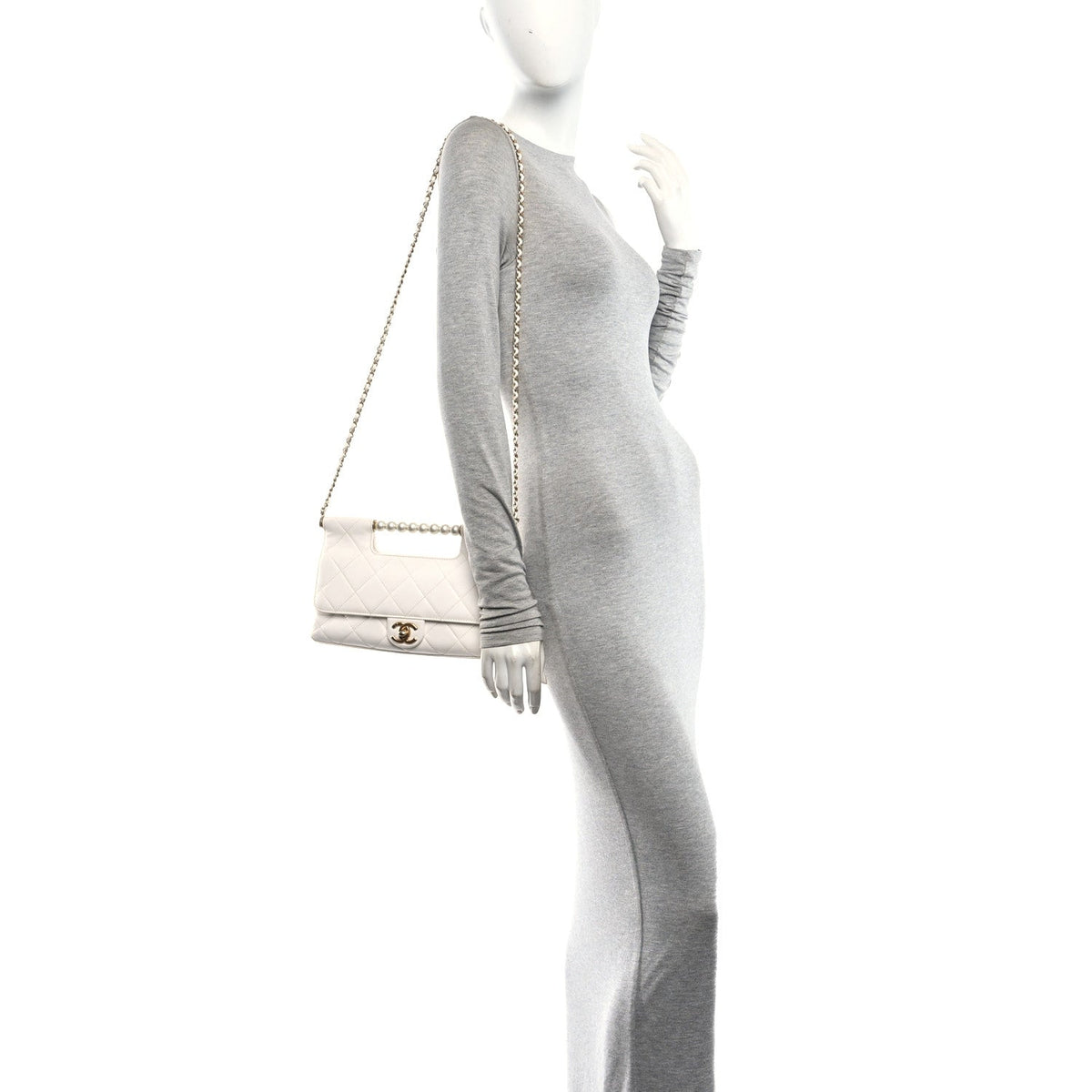 Shiny Lambskin Pearl Top Handle Flap Shopping Bag White