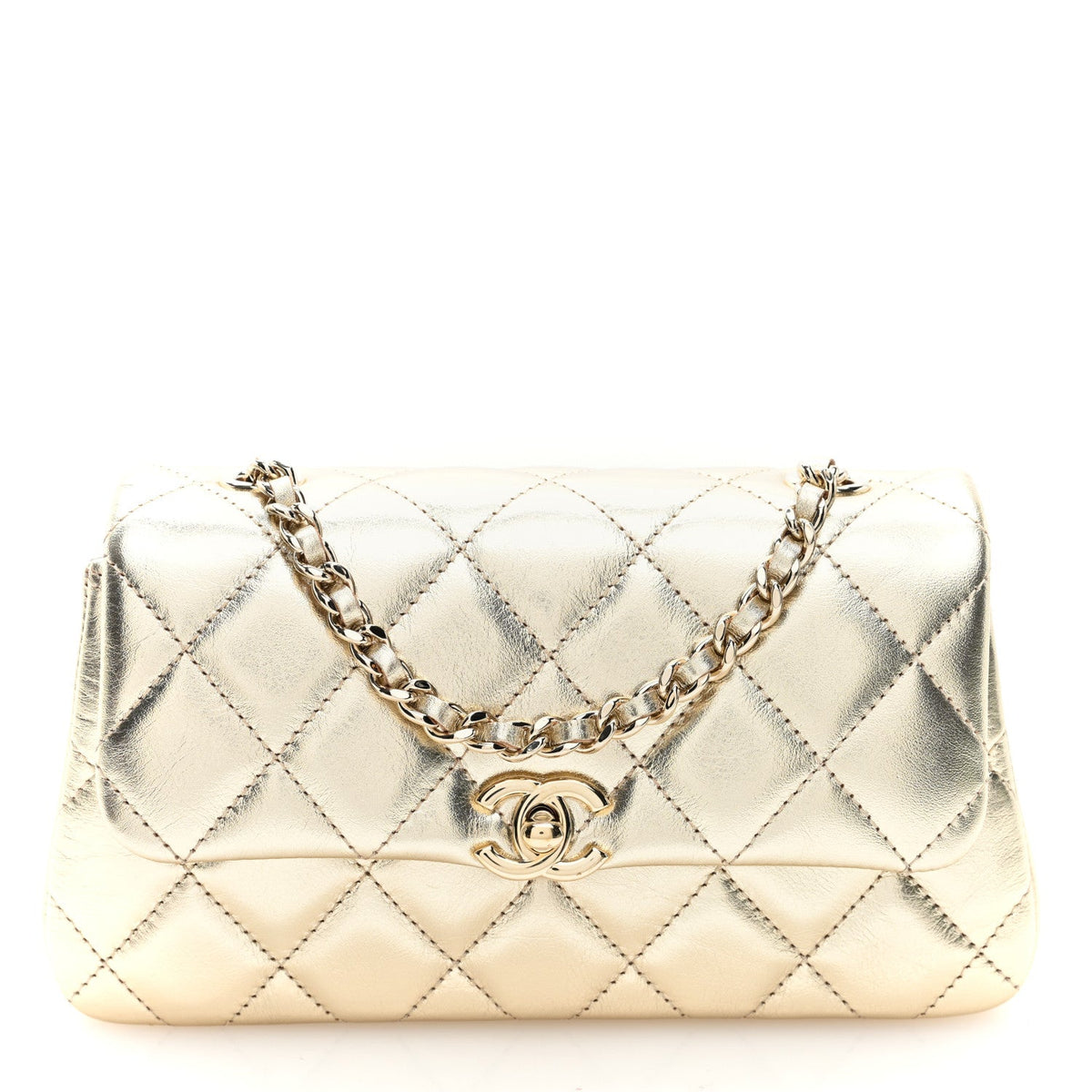 Metallic Lambskin Quilted Flap Phone Holder With Chain Gold