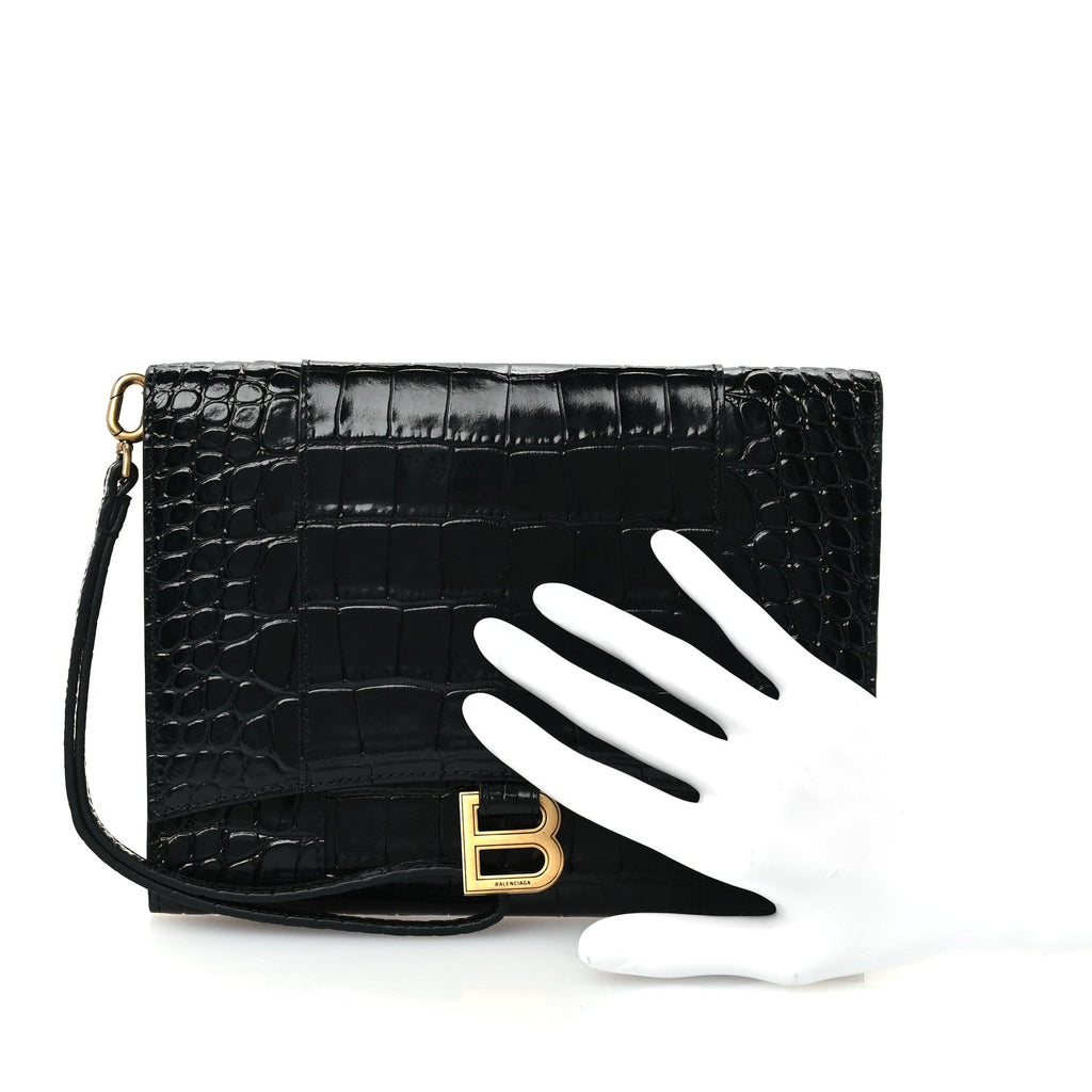 Shiny Calfskin Crocodile Embossed Hourglass Gusset Pouch Black