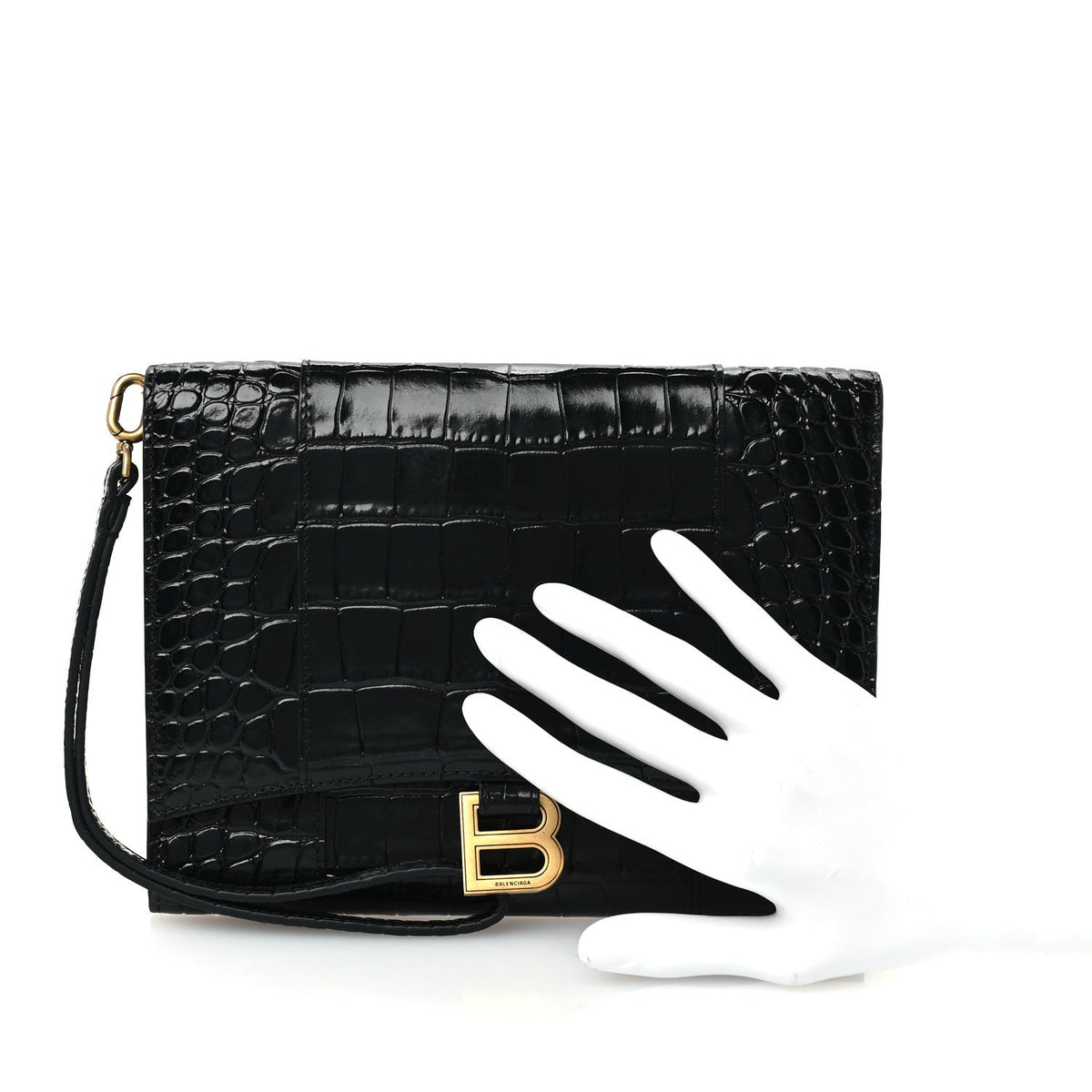 Shiny Calfskin Crocodile Embossed Hourglass Gusset Pouch Black