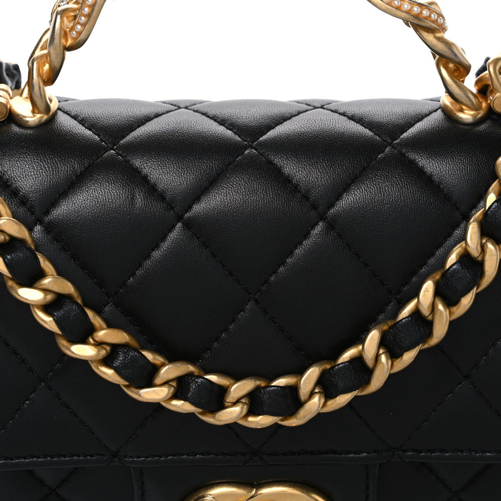 Lambskin Quilted Mini Chain Top Handle Rectangular Flap Black