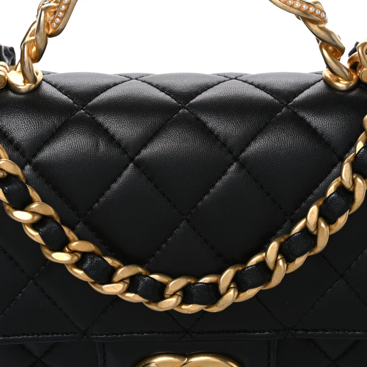 Lambskin Quilted Mini Chain Top Handle Rectangular Flap Black