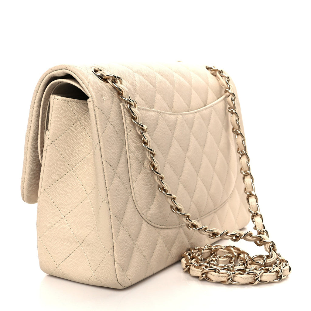 Caviar Quilted Jumbo Double Flap Light Beige