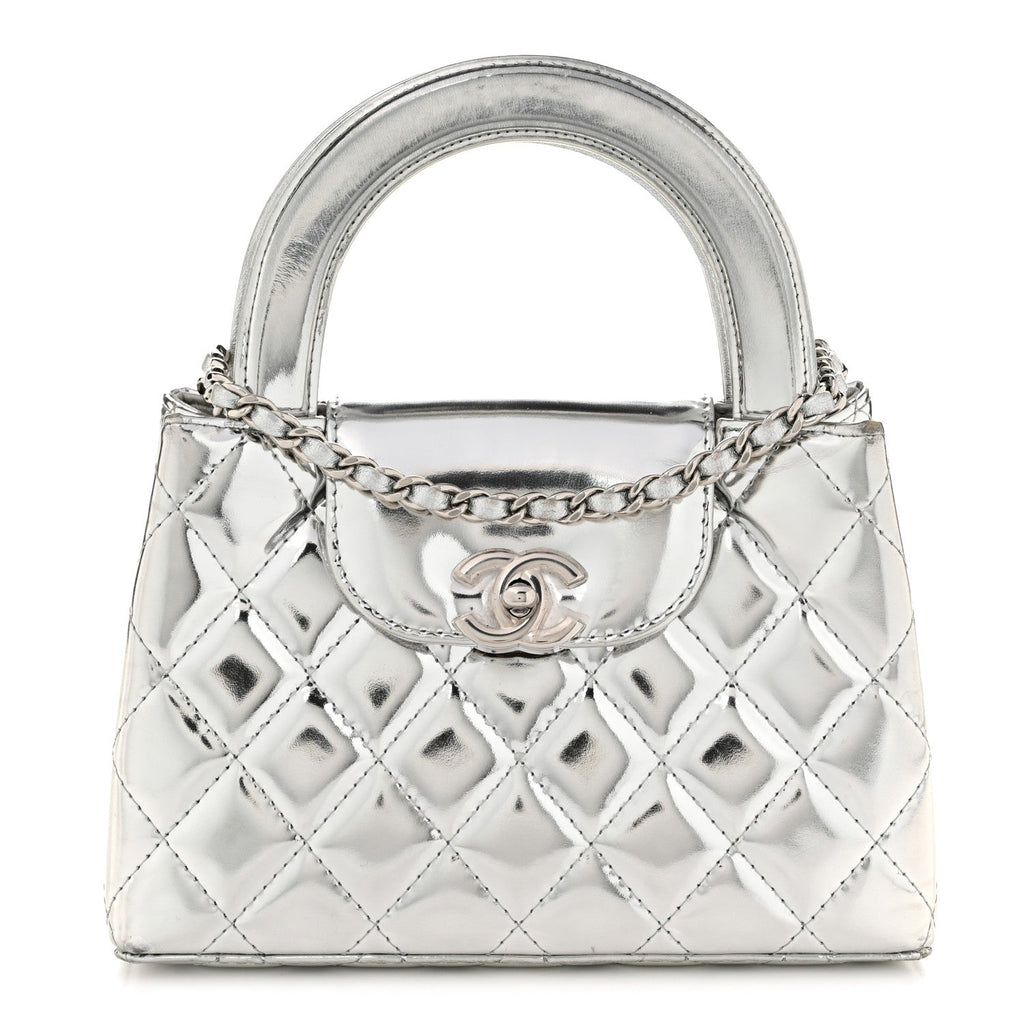 Mirror Calfskin Metallic Calfskin Quilted Nano Kelly Shopper Silvery