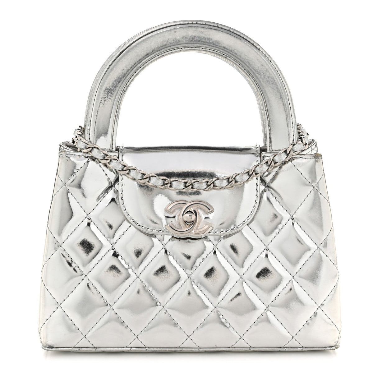 Mirror Calfskin Metallic Calfskin Quilted Nano Kelly Shopper Silvery