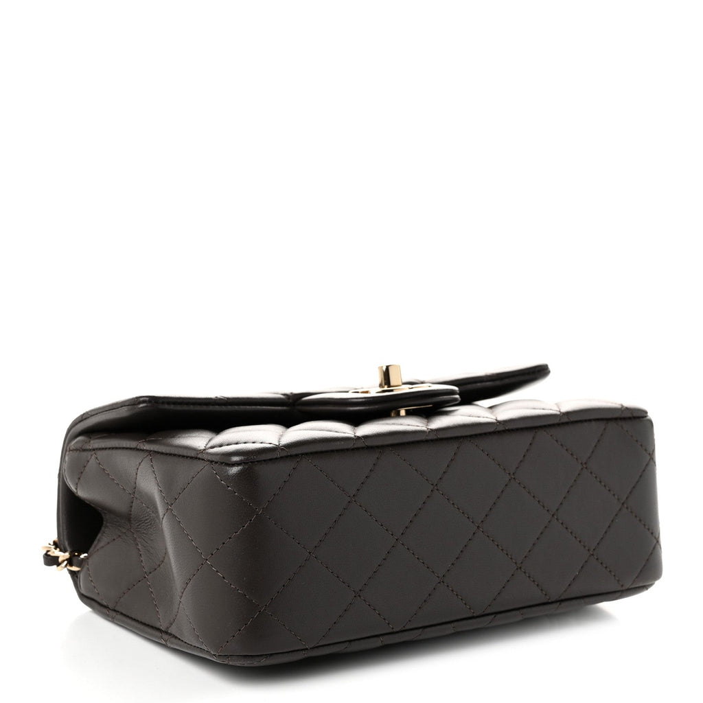 Lambskin Quilted Mini Top Handle Rectangular Flap Dark Brown