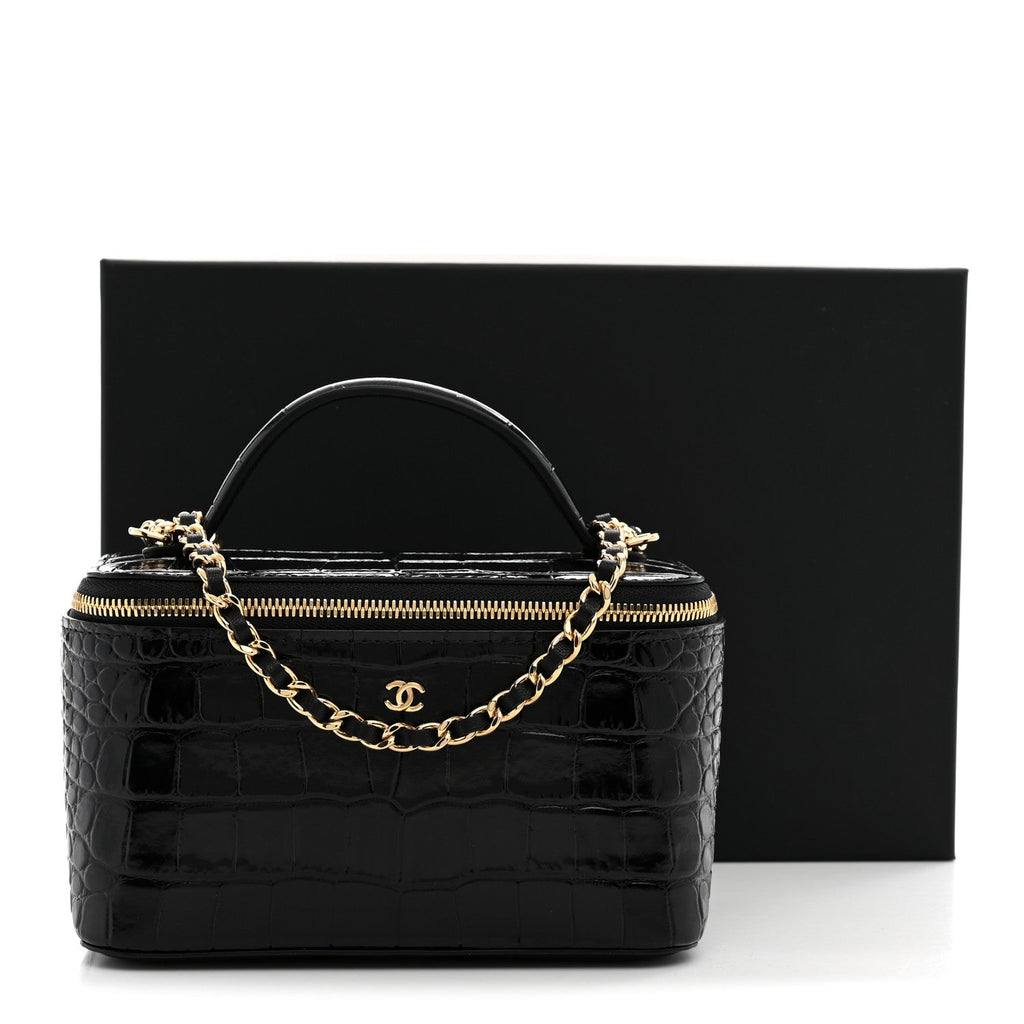 Calfskin Crocodile Embossed Crococo Small Top Handle Vanity Case With Chain Black