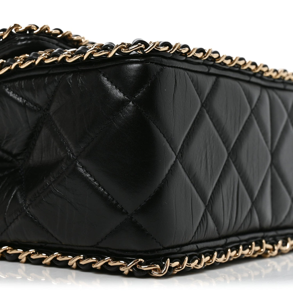 Crumpled Calfskin Medium Chain All Over Flap Black