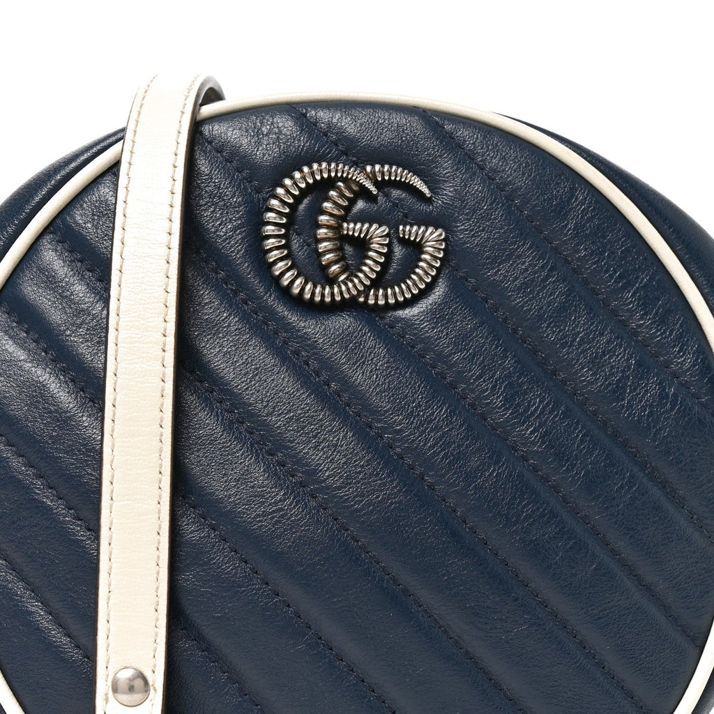 Azalea Calfskin Matelasse Diagonal Mini Torchon GG Marmont Round Shoulder Bag Blue Agata Mystic White
