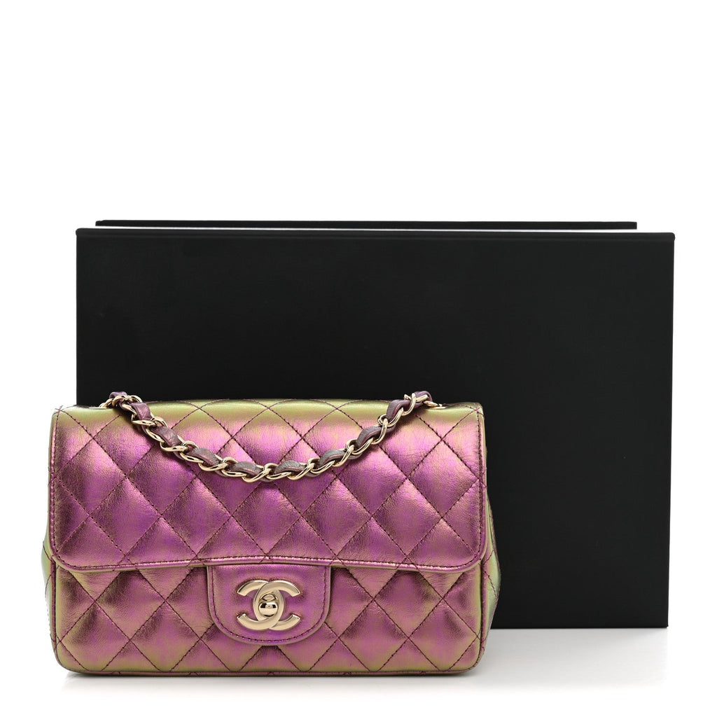 Iridescent Lambskin Quilted Mini Rectangular Flap Purple