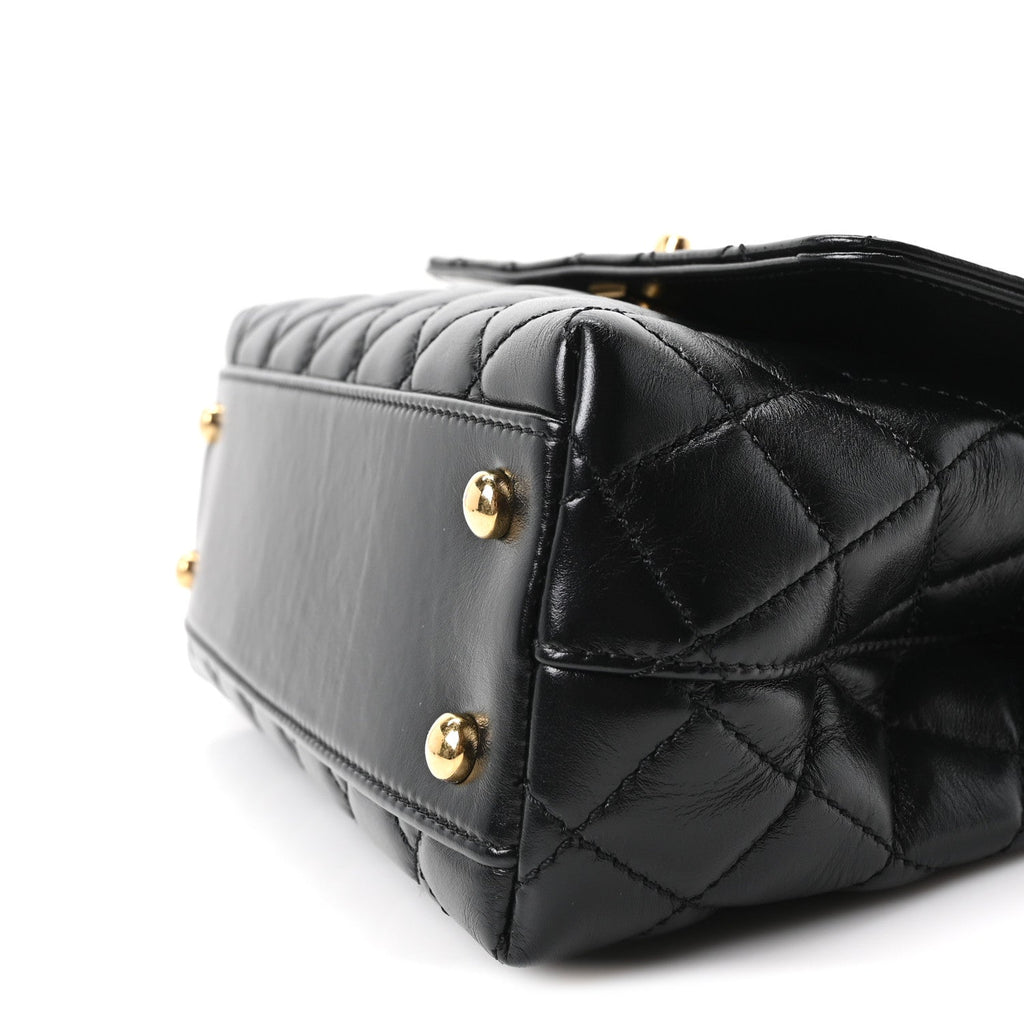 Shiny Calfskin Quilted Mini Coco Chain Gold Handle Flap Black