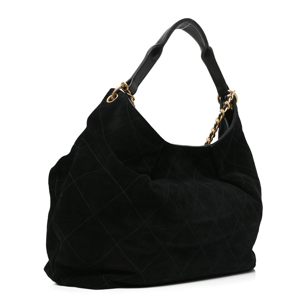 Suede Calfskin Lambskin Quilted Maxi Hobo Black