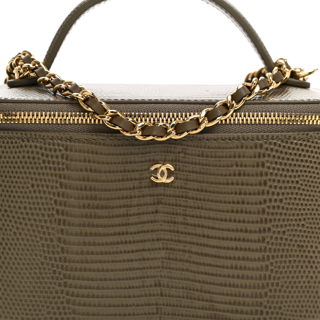 Calfskin Lizard Embossed Top Handle Vanity With Chain  Dark Khaki