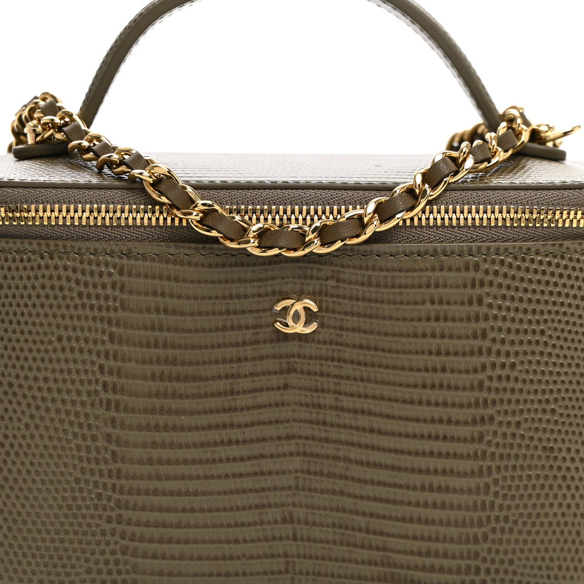 Calfskin Lizard Embossed Top Handle Vanity With Chain  Dark Khaki