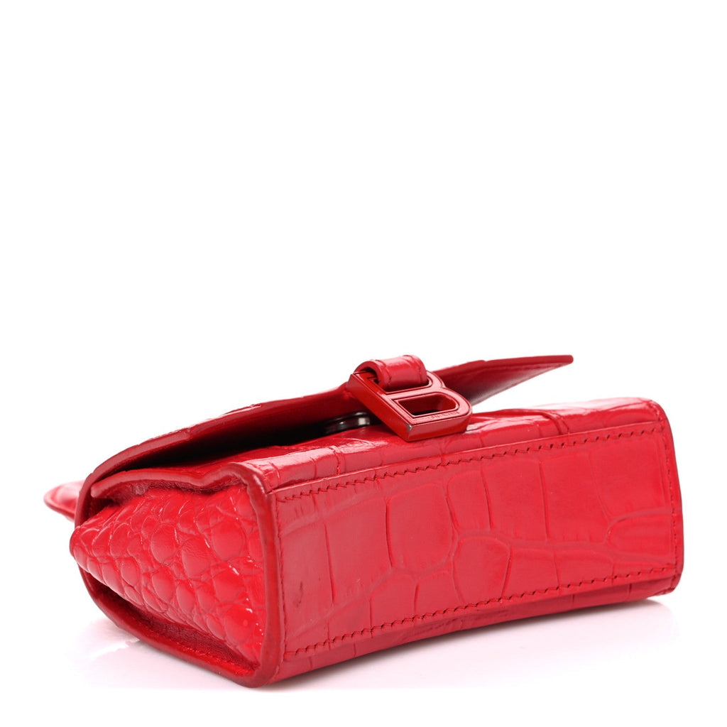 Shiny Calfskin Tonal B Crocodile Embossed Hourglass Top Handle Bag Mini Bright Red