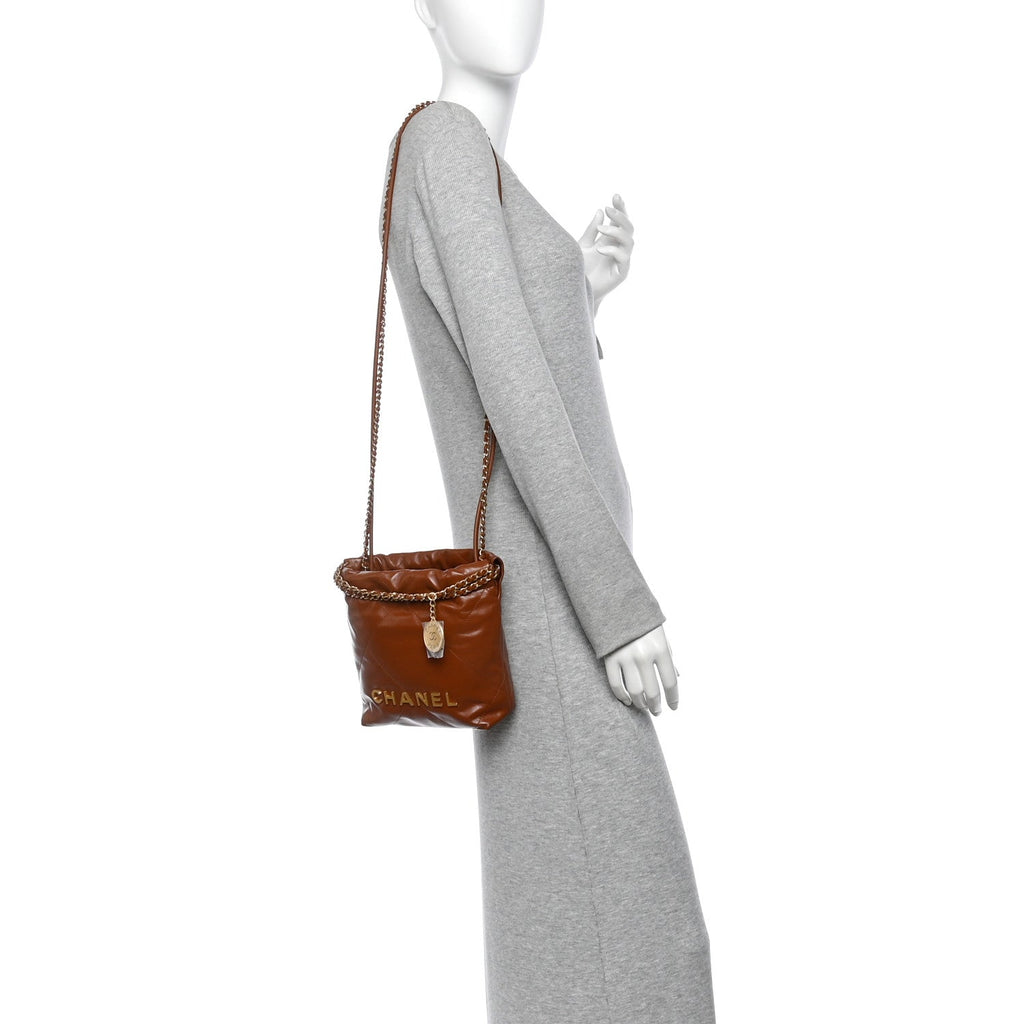 Shiny Calfskin Quilted Mini Chanel 22 Light Brown