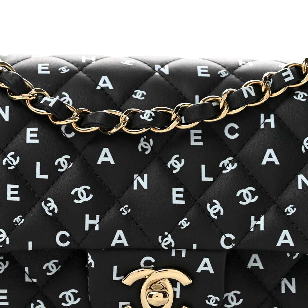 Calfskin Quilted Logo CC Printed Small Double Flap Black White