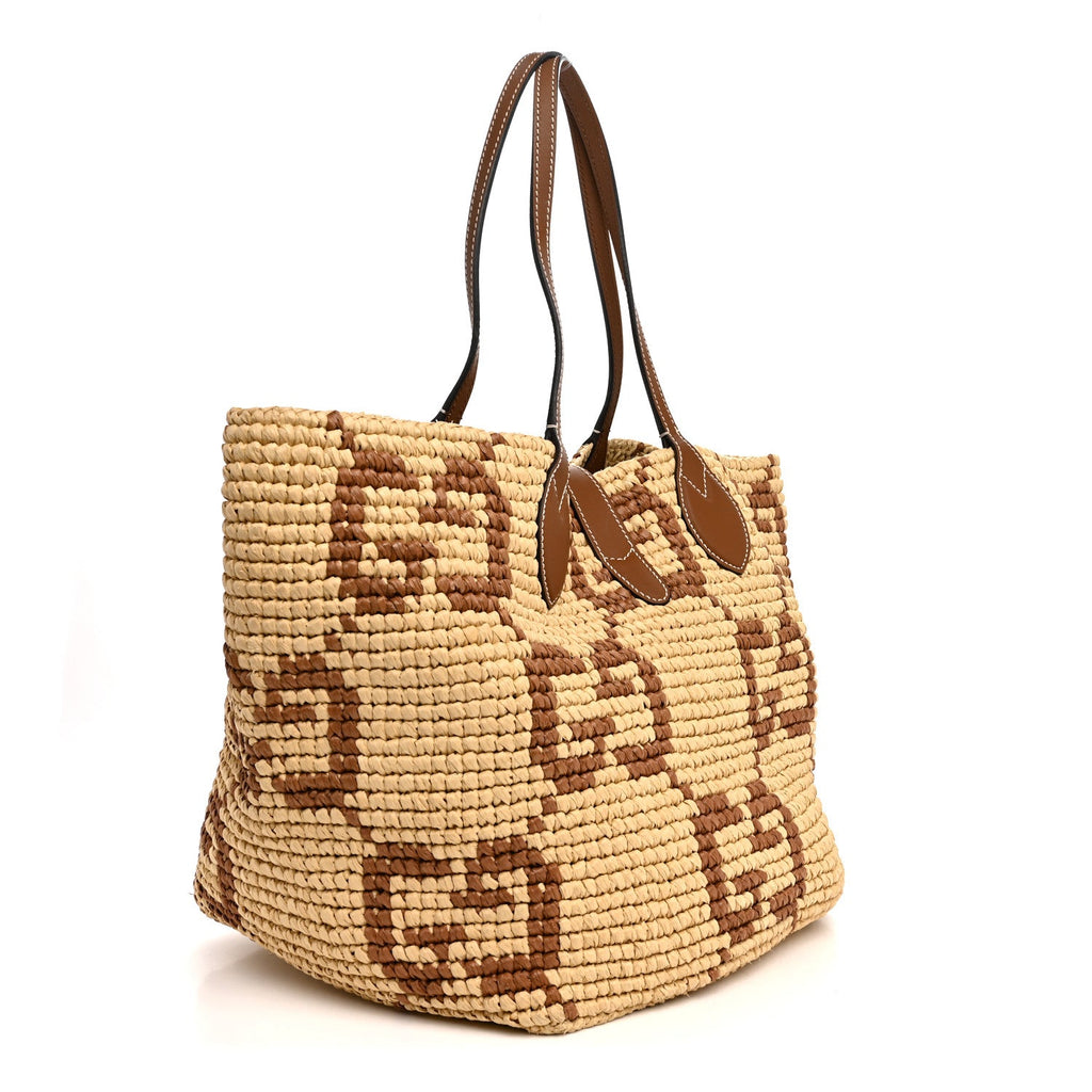 Raffia Woven Monogram Jumbo Medium Tote Natural Brown