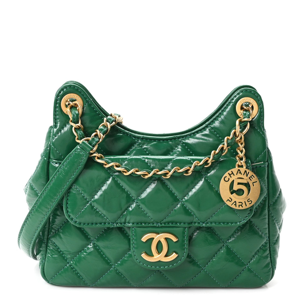 Shiny Crumpled Calfskin Quilted Small Wavy CC Hobo Green
