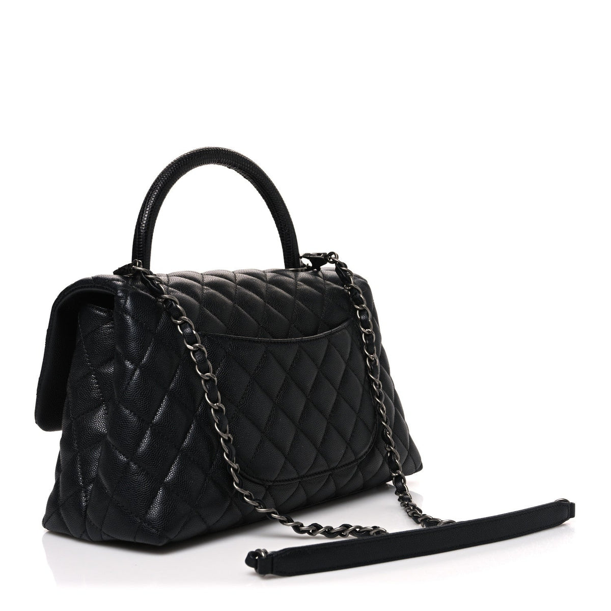 Caviar Lizard Embossed Quilted Small Coco Handle Flap Black